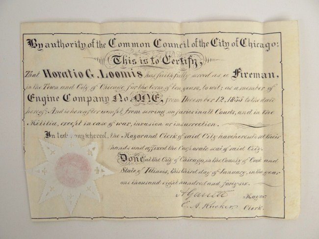 1835 Chicago fireman's certificate