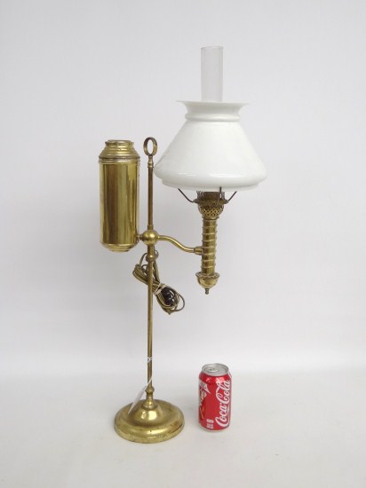 Early brass student lamp with chimney