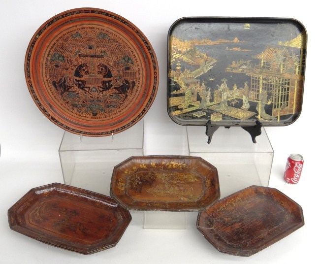 Lot five various Asian lacquer/painted