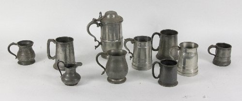 A pewter lidded tankard eight other