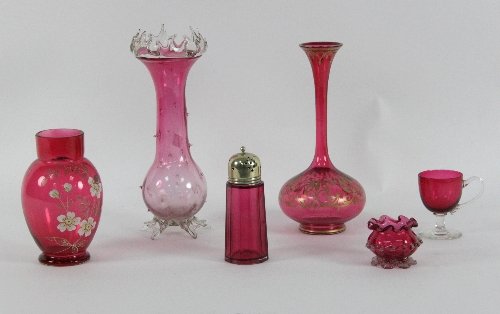 Three cranberry glass vases sugar caster