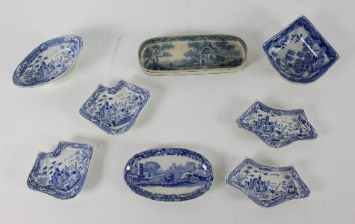 Five Staffordshire blue and white pickle