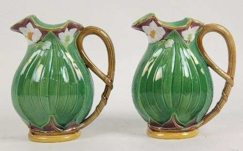 A pair of Minton majolica leaf