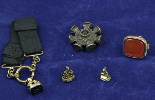 A cornelian seal fob in an unmarked