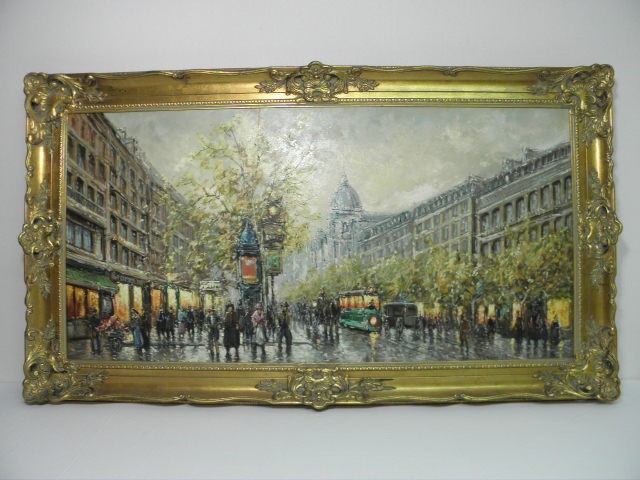 Large oil on canvas street scene