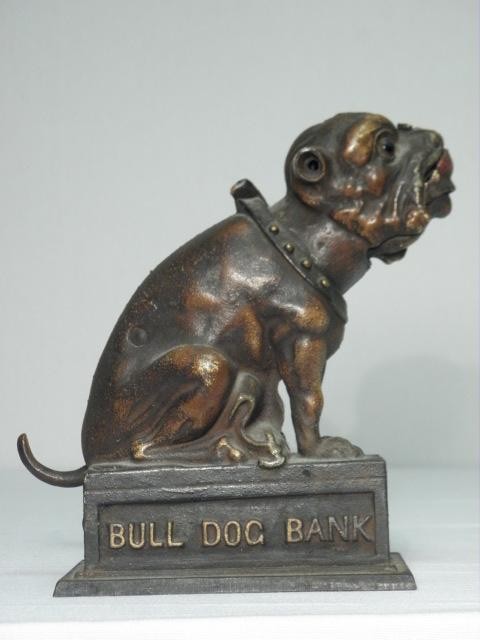 Cast iron mechanical Bull Dog Bank.