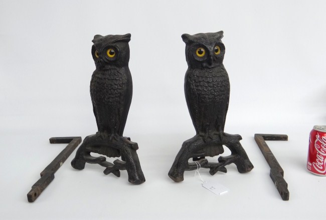 Pair glass eye owl andirons with original