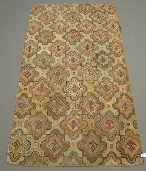 19th c geometric hooked rug Imperfections  16721b