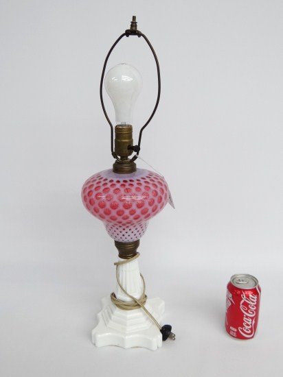 Cranberry glass thumbprint lamp with