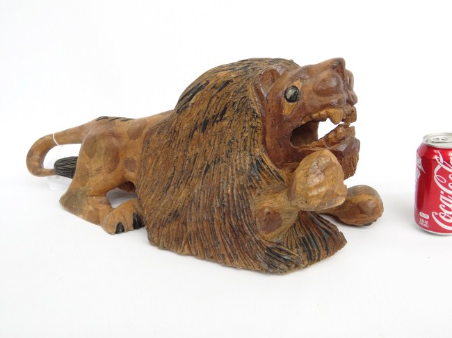 Folk art carved wooden lion. 27''