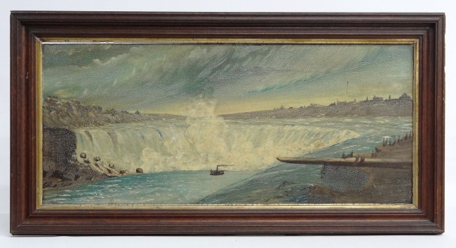 19th c oil panel waterfall with 1673ad