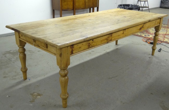 Scrubbed pine farm table with turned