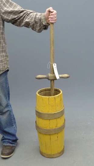 19th c. butter churn in yellow paint.