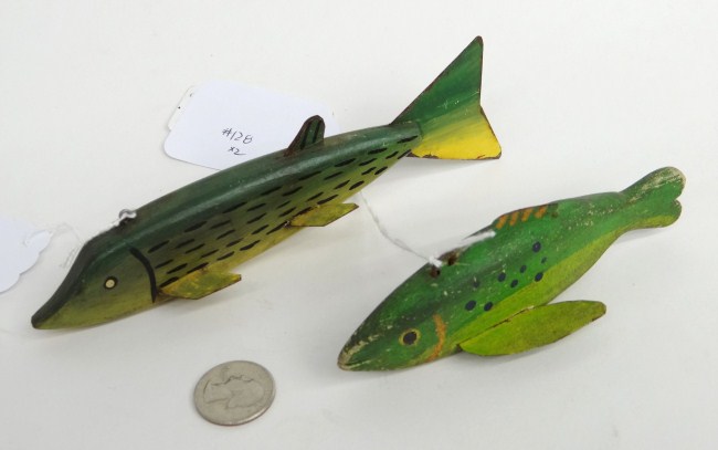 Pair painted fish decoys.