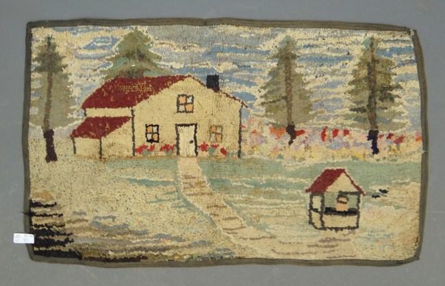 C. 1920' s hooked rug with house.