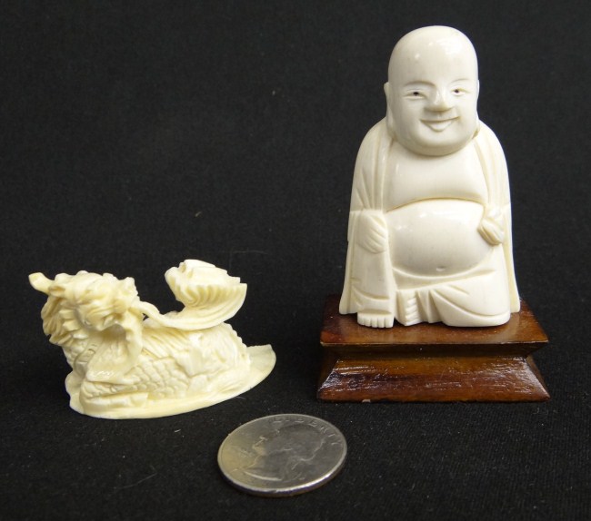 Asian ivory lot Buddha and dragon.