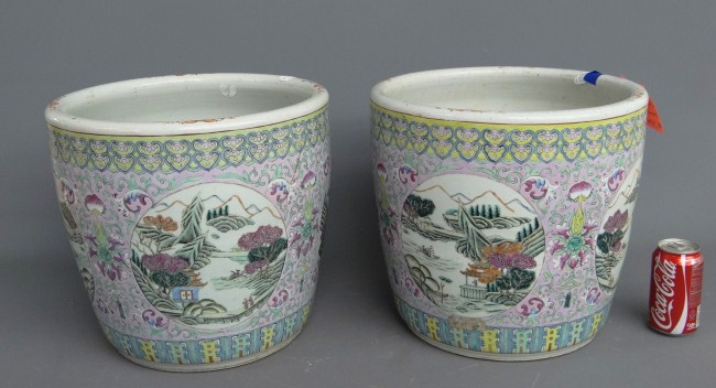 Pair Asian planters. One as found.