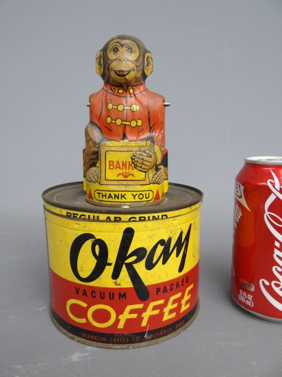 Early OKAY COFFE can with monkey