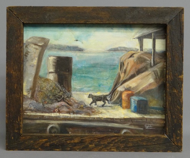 Painting oil on canvas cat on dock
