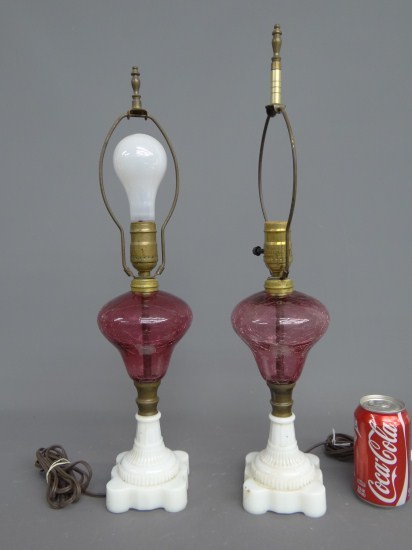 Pair 19th c. cranberry/milk glass oil