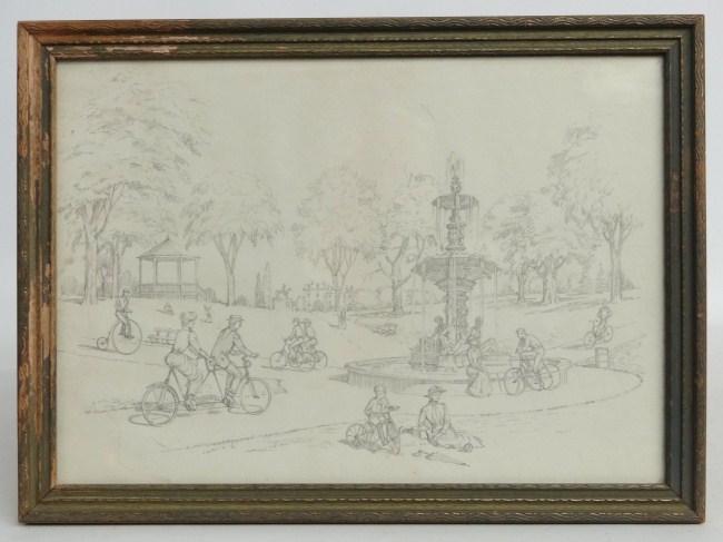 Framed pencil drawing park setting.