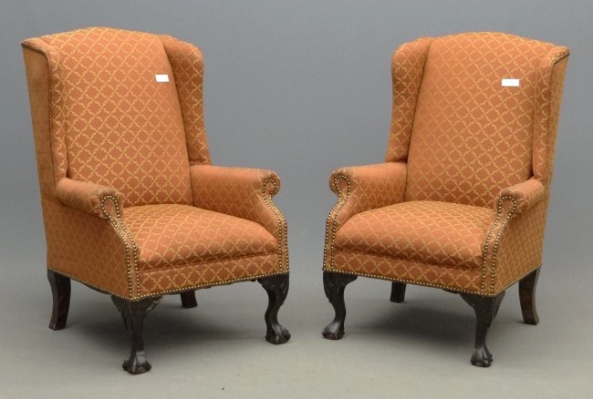 Pair wing chairs with carved ball and