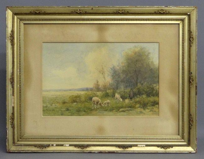 Early watercolor sheep and shepherd
