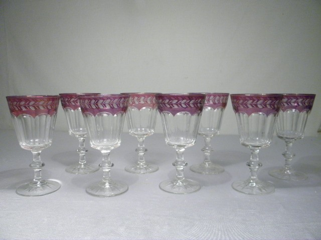 Eight etched amethyst-colored flashed-glass