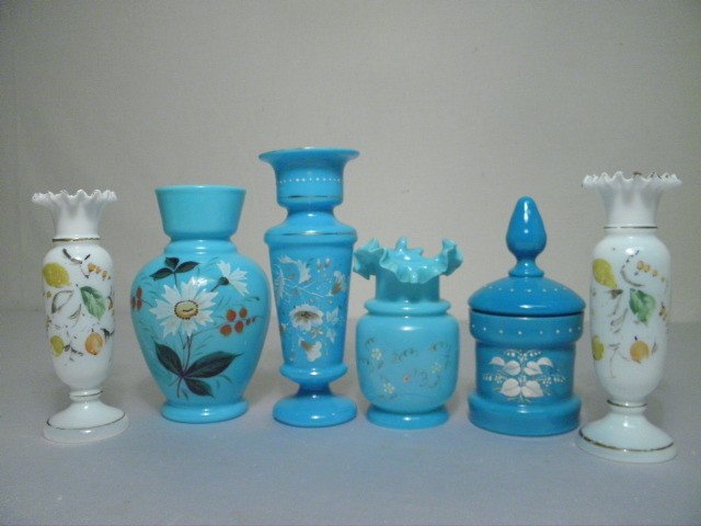 Assorted enameled art glass vases. From