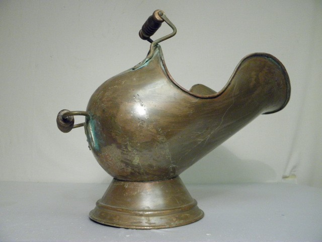 Early brass coal scuttle with wooden