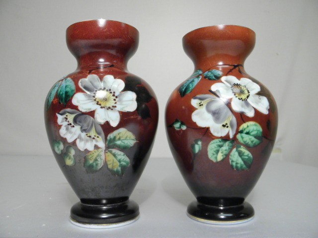 Pair of floral enameled art glass