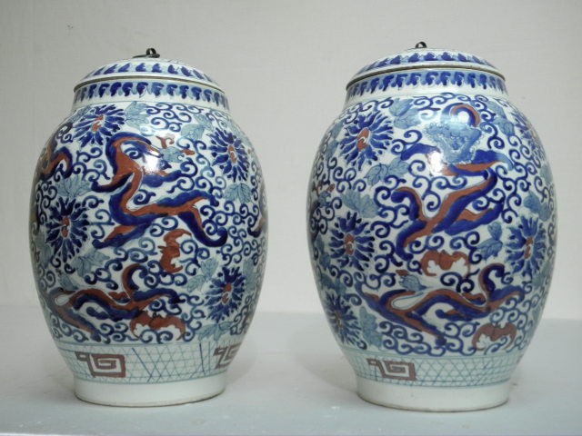 Pair Chinese ceramic iron-red and blue