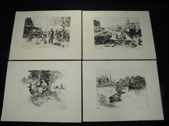 Lot of four signed etchings. Three