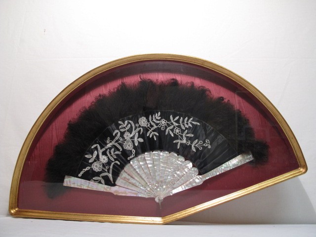 19th century black satin fan with needlework