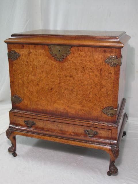 English burled wood lift top Cellarette.