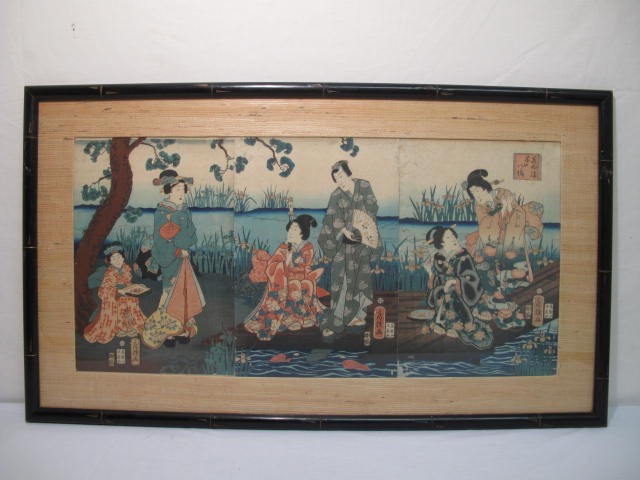 Framed Japanese woodblock tryptic  16ba49