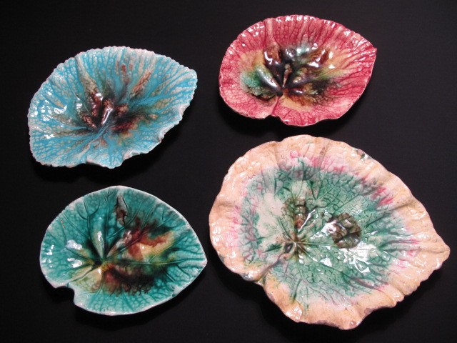 Four Majolica pottery Begonia leaves.