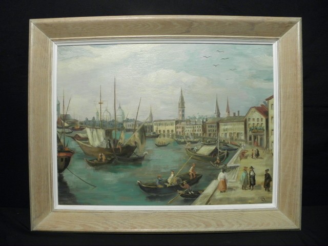 Oil on canvas harbor scene painting  169981