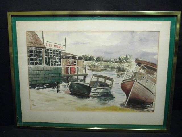 Framed watercolor painting. Depicts