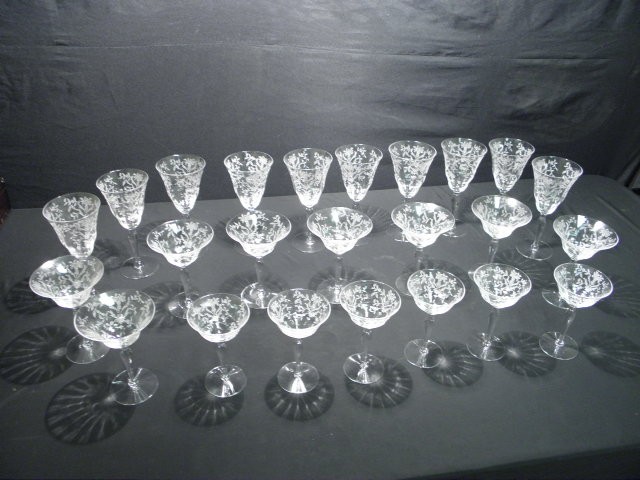 Etched glass stemware set. Floral