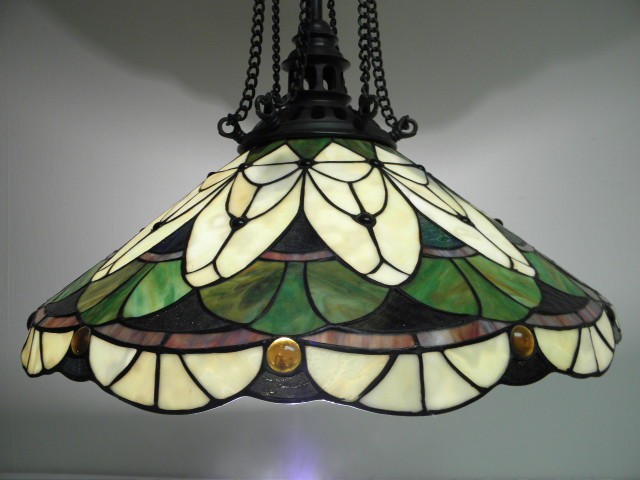 Leaded & jeweled glass hanging chandelier.