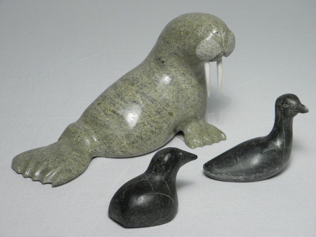 Three carved Iqaluit stone sculptures  16d18e