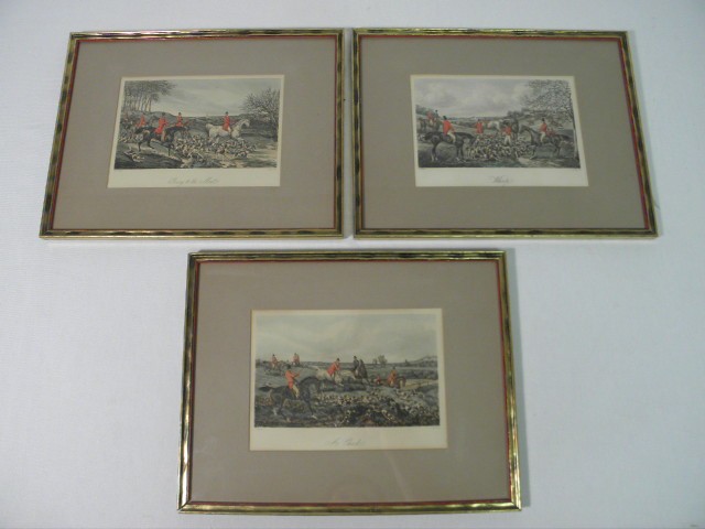 Three hand colored hunt scene engravings