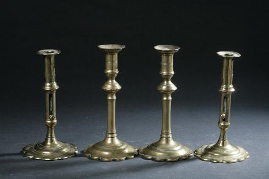 TWO PAIR QUEEN ANNE BRASS CANDLESTICKS.