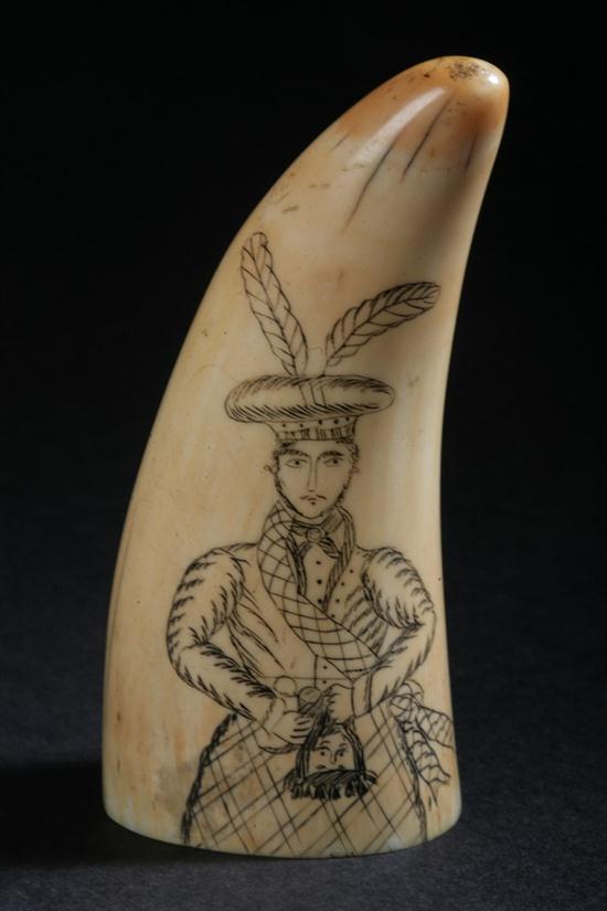 SCRIMSHAW CARVED WHALE'S TOOTH.