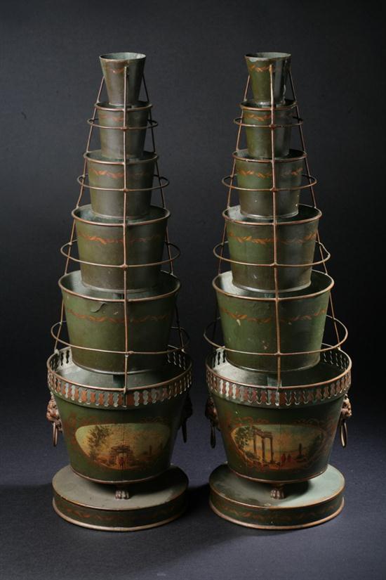 PAIR VICTORIAN PAINTED GREEN TOLEWARE 16d57a