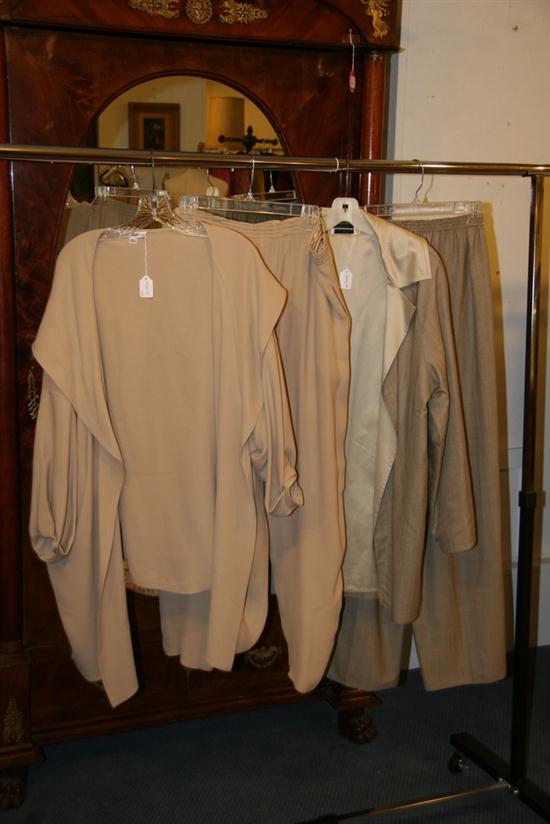 TWO ZORAN PANTSUITS. One beige silk