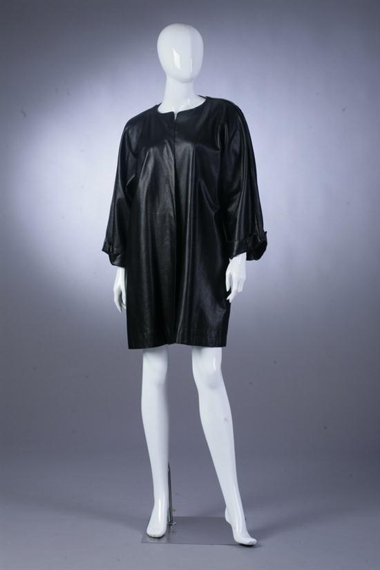 JEAN MUIR LONG BLACK LEATHER COAT.