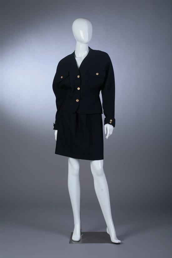 CHANEL NAVY PIQUE WOOL SUIT 1980s;