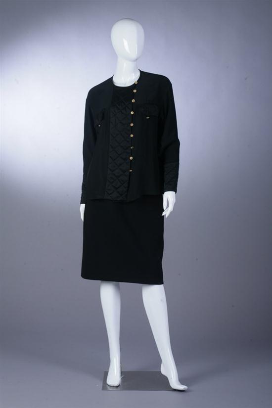 CHANEL BLACK BLOUSE AND SKIRT SET.